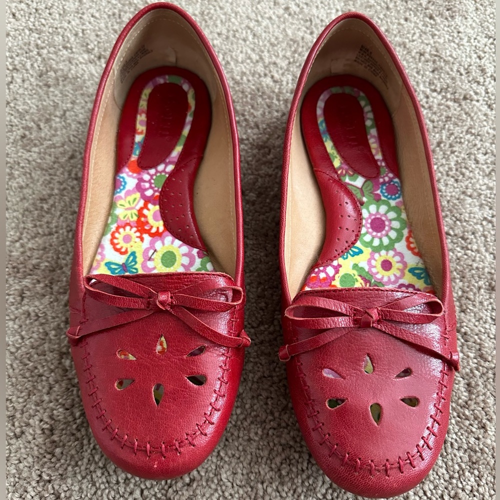 Born Red Leather Bow-Trim Perforated Loafers with Floral Insole